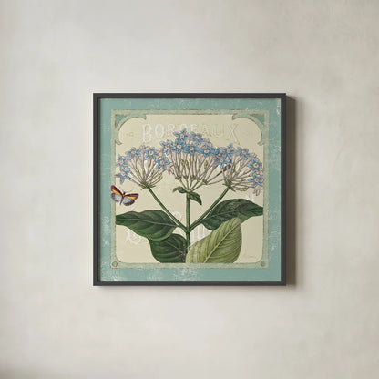 Parisian Flowers I by Sue Schlabach. Shown in a sleek black glass frame for a contemporary gallery look. Available as an archival giclee rolled canvas, fine art paper, or poster print. SKU 9079a.