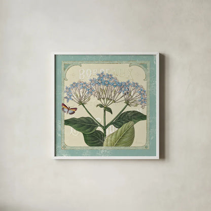 Parisian Flowers I by Sue Schlabach. Shown in a crisp white glass frame for a clean and minimalist style. Available as an archival giclee rolled canvas, fine art paper, or poster print. SKU 9079a.