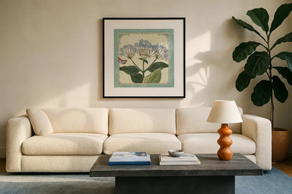 Parisian Flowers I by Sue Schlabach. Displayed in a glass frame with matte in a clean modern living room. Available as an archival giclee rolled canvas, fine art paper, or poster print. SKU 9079a.