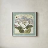 Parisian Flowers I Bees by Sue Schlabach. Shown in a crisp white glass frame for a clean and minimalist style. Available as an archival giclee rolled canvas, fine art paper, or poster print. SKU 71318a.