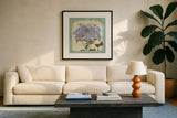 Parisian Flowers II by Sue Schlabach. Displayed in a glass frame with matte in a clean modern living room. Available as an archival giclee rolled canvas, fine art paper, or poster print. SKU 9080a.