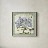 Parisian Flowers II Bees by Sue Schlabach. Shown in a natural wood glass frame for a timeless modern aesthetic. Available as an archival giclee rolled canvas, fine art paper, or poster print. SKU 71319a.