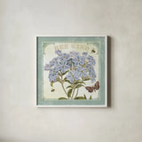 Parisian Flowers II Bees by Sue Schlabach. Shown in a crisp white glass frame for a clean and minimalist style. Available as an archival giclee rolled canvas, fine art paper, or poster print. SKU 71319a.