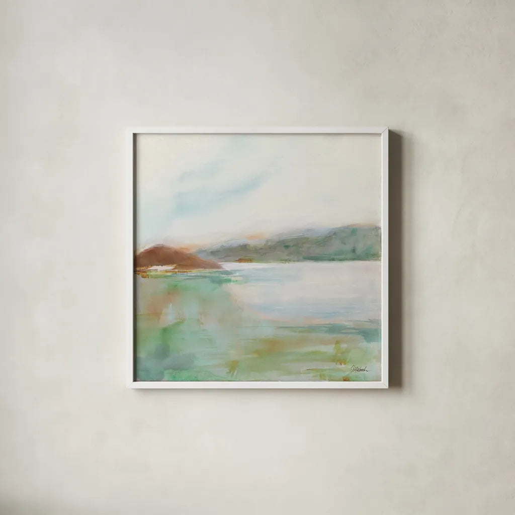Peace and Quiet by Sue Schlabach. Shown in a crisp white glass frame for a clean and minimalist style. Available as an archival giclee rolled canvas, fine art paper, or poster print. SKU 74877a.