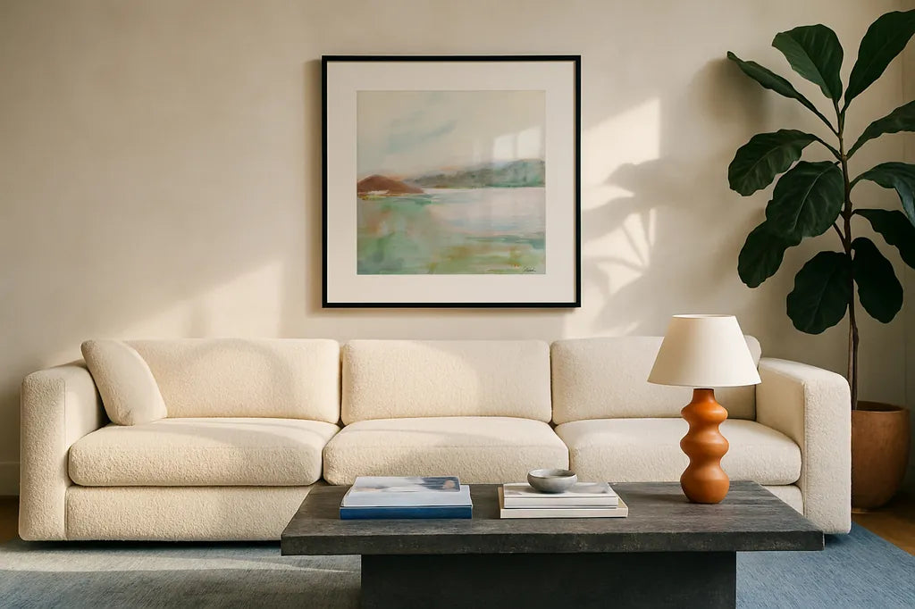 Peace and Quiet by Sue Schlabach. Displayed in a glass frame with matte in a clean modern living room. Available as an archival giclee rolled canvas, fine art paper, or poster print. SKU 74877a.