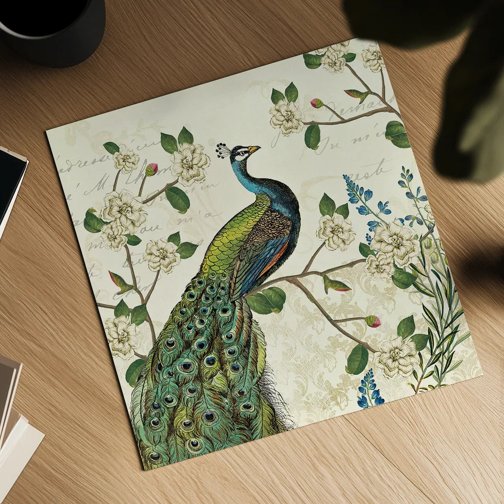 Peacock Arbor I Ivory Sq by Sue Schlabach. Shown as a detailed flat fine art print, highlighting archival giclee quality. Available as an archival giclee rolled canvas, fine art paper, or poster print. SKU 16059a.