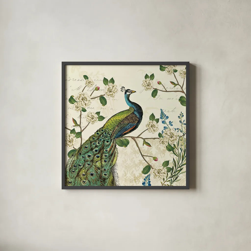 Peacock Arbor I Ivory Sq by Sue Schlabach. Shown in a sleek black glass frame for a contemporary gallery look. Available as an archival giclee rolled canvas, fine art paper, or poster print. SKU 16059a.