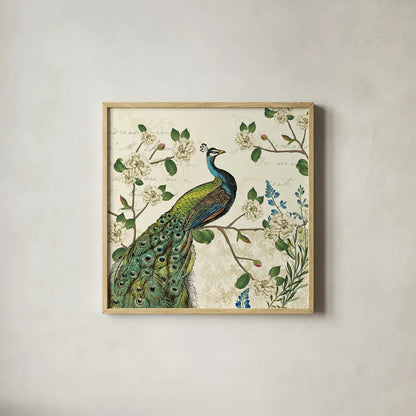 Peacock Arbor I Ivory Sq by Sue Schlabach. Shown in a natural wood glass frame for a timeless modern aesthetic. Available as an archival giclee rolled canvas, fine art paper, or poster print. SKU 16059a.