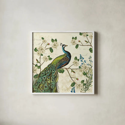 Peacock Arbor I Ivory Sq by Sue Schlabach. Shown in a crisp white glass frame for a clean and minimalist style. Available as an archival giclee rolled canvas, fine art paper, or poster print. SKU 16059a.