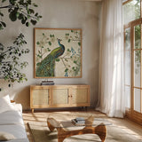 Peacock Arbor I Ivory Sq by Sue Schlabach. Shown in a natural wood frame in a cozy modern living room. Available as an archival giclee rolled canvas, fine art paper, or poster print. SKU 16059a.