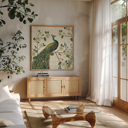 Peacock Arbor I Ivory Sq by Sue Schlabach. Shown in a natural wood frame in a cozy modern living room. Available as an archival giclee rolled canvas, fine art paper, or poster print. SKU 16059a.