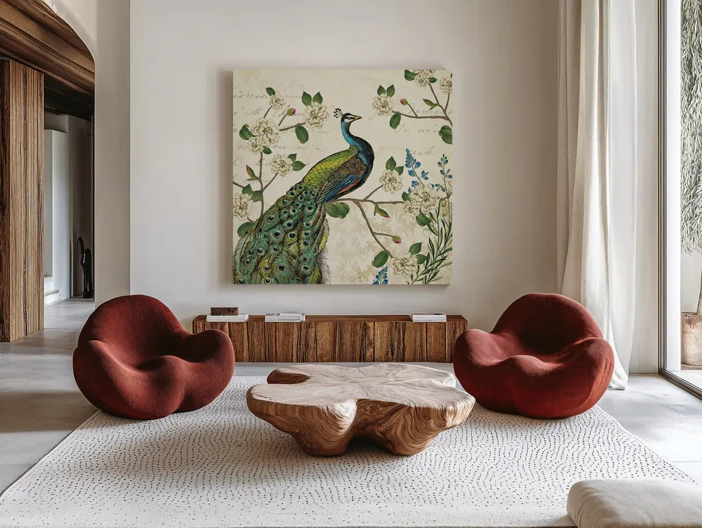 Peacock Arbor I Ivory Sq by Sue Schlabach. Shown as extra-large giant wall art in a modern living room. Available as an archival giclee rolled canvas, fine art paper, or poster print. SKU 16059a.