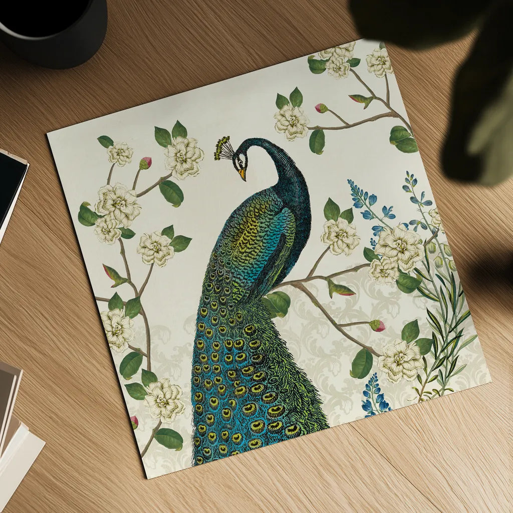 Peacock Arbor I Ivory v2 by Sue Schlabach. Shown as a detailed flat fine art print, highlighting archival giclee quality. Available as an archival giclee rolled canvas, fine art paper, or poster print. SKU 77794a.