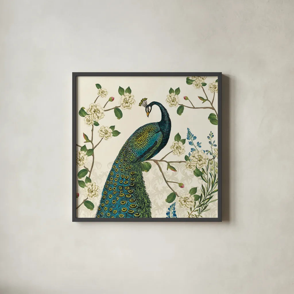 Peacock Arbor I Ivory v2 by Sue Schlabach. Shown in a sleek black glass frame for a contemporary gallery look. Available as an archival giclee rolled canvas, fine art paper, or poster print. SKU 77794a.