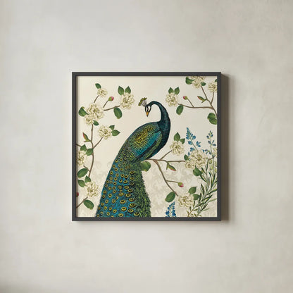 Peacock Arbor I Ivory v2 by Sue Schlabach. Shown in a sleek black glass frame for a contemporary gallery look. Available as an archival giclee rolled canvas, fine art paper, or poster print. SKU 77794a.