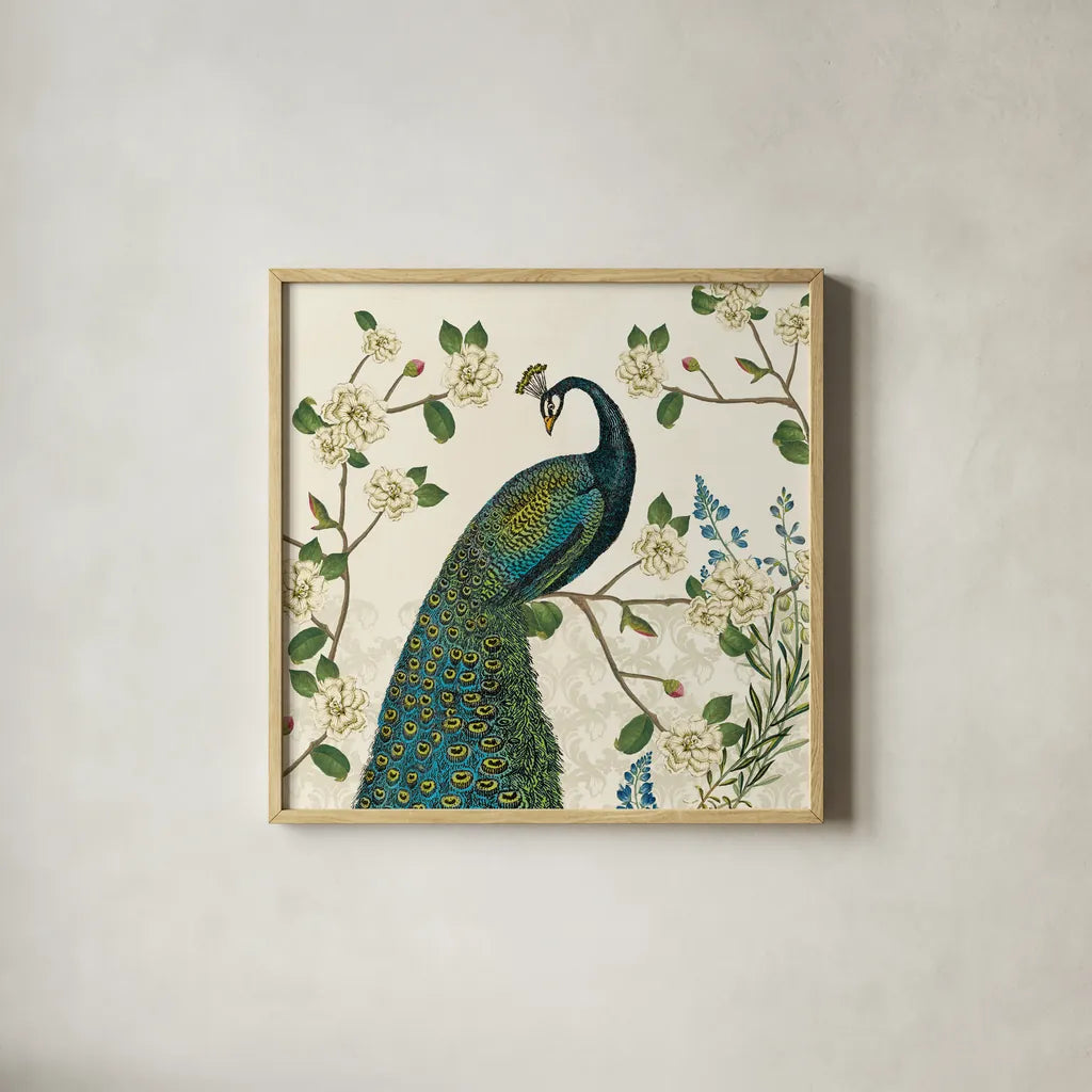 Peacock Arbor I Ivory v2 by Sue Schlabach. Shown in a natural wood glass frame for a timeless modern aesthetic. Available as an archival giclee rolled canvas, fine art paper, or poster print. SKU 77794a.