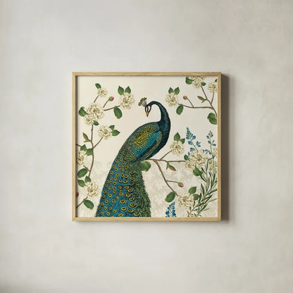 Peacock Arbor I Ivory v2 by Sue Schlabach. Shown in a natural wood glass frame for a timeless modern aesthetic. Available as an archival giclee rolled canvas, fine art paper, or poster print. SKU 77794a.
