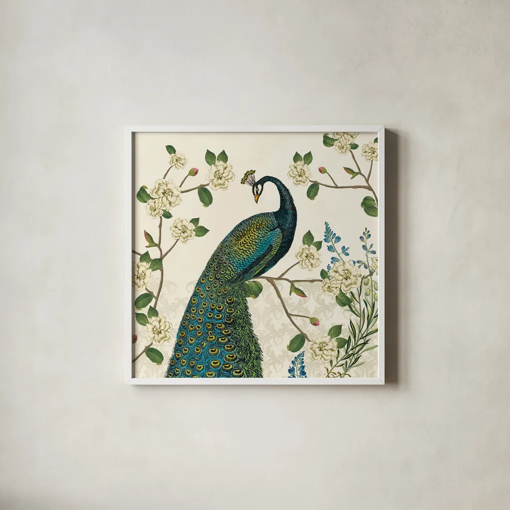 Peacock Arbor I Ivory v2 by Sue Schlabach. Shown in a crisp white glass frame for a clean and minimalist style. Available as an archival giclee rolled canvas, fine art paper, or poster print. SKU 77794a.