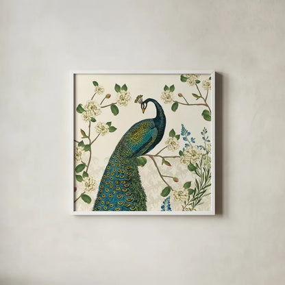 Peacock Arbor I Ivory v2 by Sue Schlabach. Shown in a crisp white glass frame for a clean and minimalist style. Available as an archival giclee rolled canvas, fine art paper, or poster print. SKU 77794a.