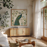 Peacock Arbor I Ivory v2 by Sue Schlabach. Shown in a natural wood frame in a cozy modern living room. Available as an archival giclee rolled canvas, fine art paper, or poster print. SKU 77794a.