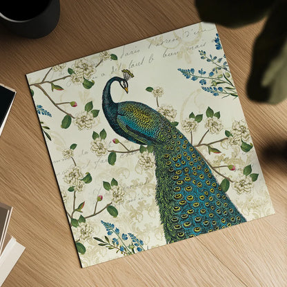 Peacock Arbor II Ivory Sq by Sue Schlabach. Shown as a detailed flat fine art print, highlighting archival giclee quality. Available as an archival giclee rolled canvas, fine art paper, or poster print. SKU 16060a.