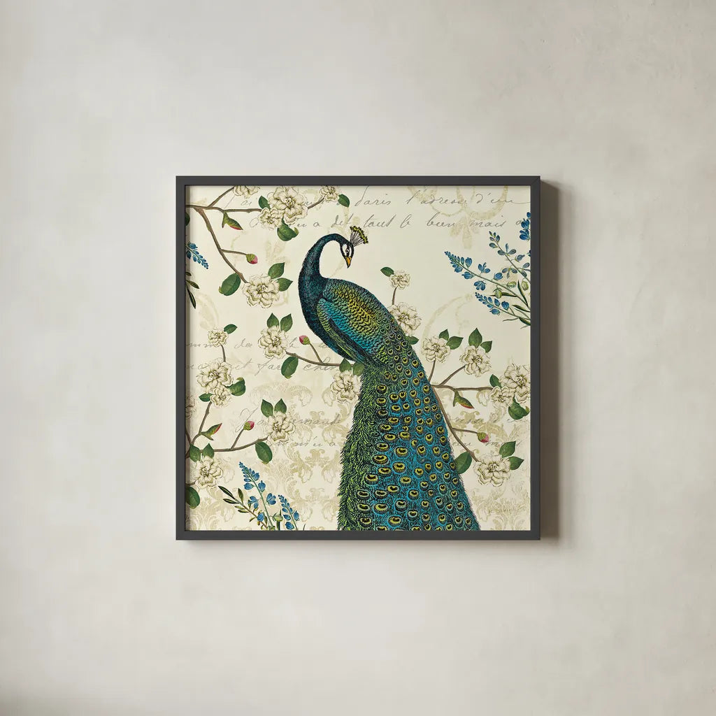 Peacock Arbor II Ivory Sq by Sue Schlabach. Shown in a sleek black glass frame for a contemporary gallery look. Available as an archival giclee rolled canvas, fine art paper, or poster print. SKU 16060a.