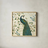 Peacock Arbor II Ivory Sq by Sue Schlabach. Shown in a natural wood glass frame for a timeless modern aesthetic. Available as an archival giclee rolled canvas, fine art paper, or poster print. SKU 16060a.