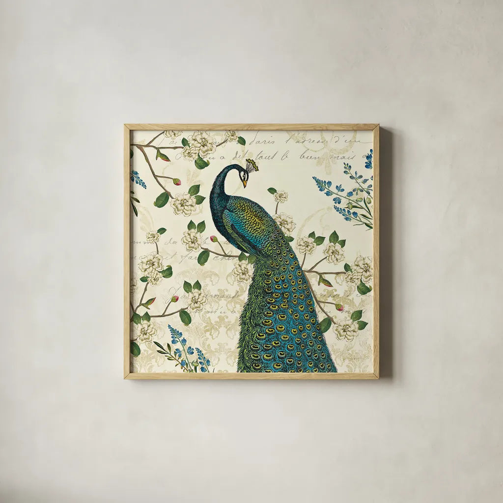 Peacock Arbor II Ivory Sq by Sue Schlabach. Shown in a natural wood glass frame for a timeless modern aesthetic. Available as an archival giclee rolled canvas, fine art paper, or poster print. SKU 16060a.