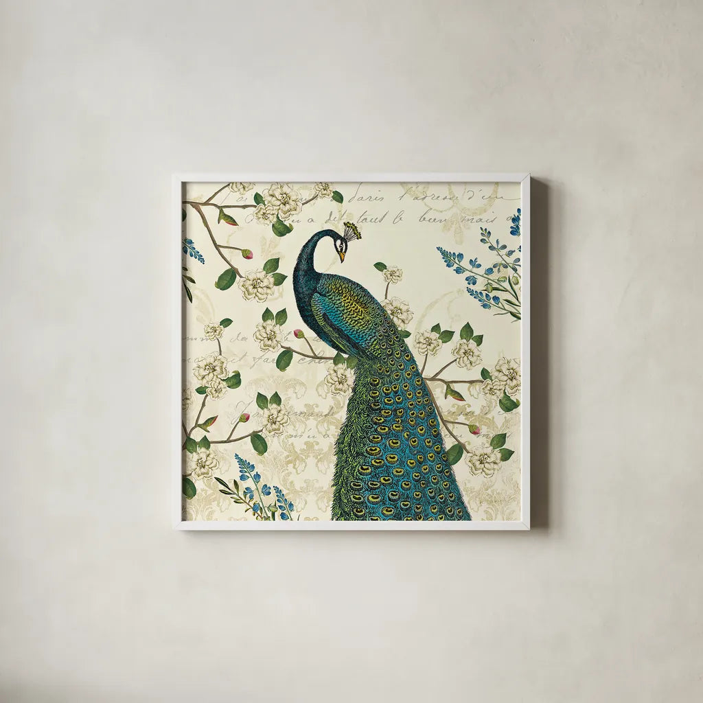 Peacock Arbor II Ivory Sq by Sue Schlabach. Shown in a crisp white glass frame for a clean and minimalist style. Available as an archival giclee rolled canvas, fine art paper, or poster print. SKU 16060a.