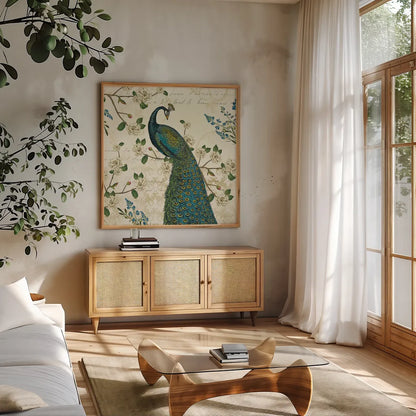 Peacock Arbor II Ivory Sq by Sue Schlabach. Shown in a natural wood frame in a cozy modern living room. Available as an archival giclee rolled canvas, fine art paper, or poster print. SKU 16060a.