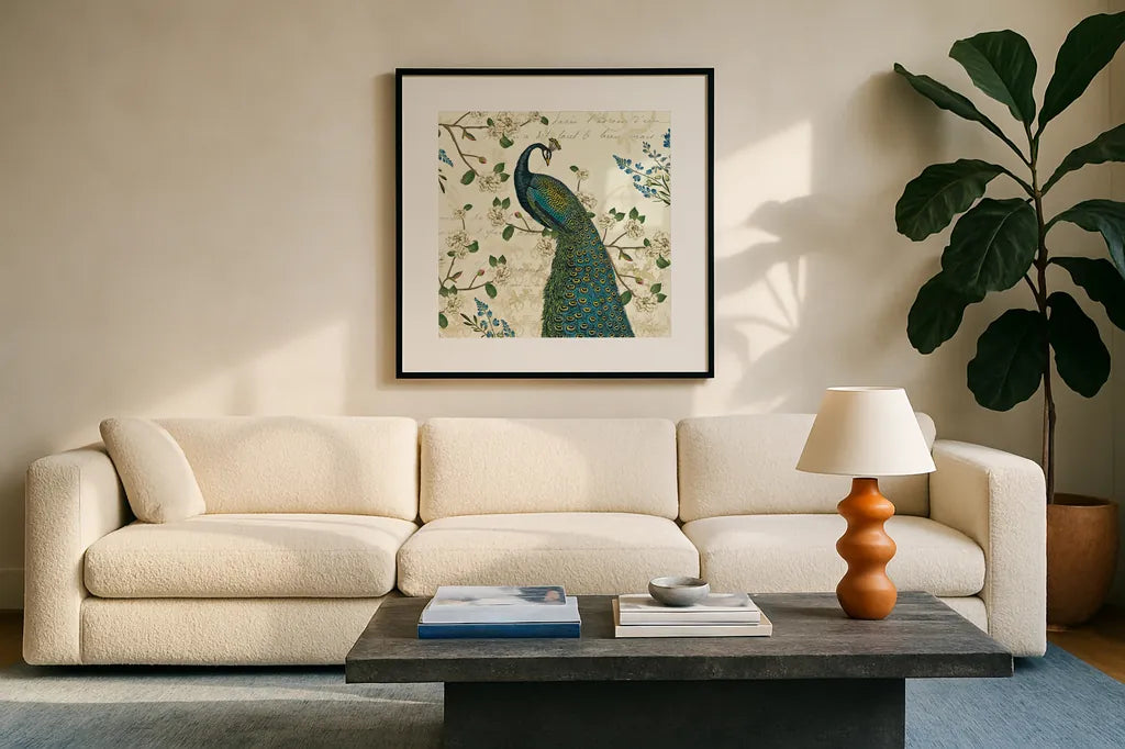 Peacock Arbor II Ivory Sq by Sue Schlabach. Displayed in a glass frame with matte in a clean modern living room. Available as an archival giclee rolled canvas, fine art paper, or poster print. SKU 16060a.