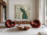 Peacock Arbor II Ivory Sq by Sue Schlabach. Shown as extra-large giant wall art in a modern living room. Available as an archival giclee rolled canvas, fine art paper, or poster print. SKU 16060a.
