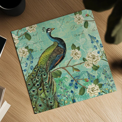 Peacock Arbor V Blue by Sue Schlabach. Shown as a detailed flat fine art print, highlighting archival giclee quality. Available as an archival giclee rolled canvas, fine art paper, or poster print. SKU 16346a.