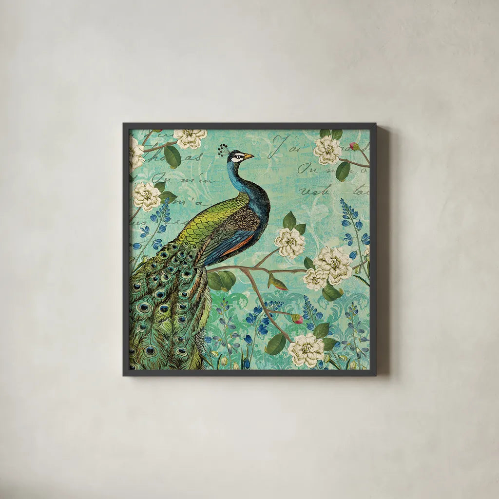 Peacock Arbor V Blue by Sue Schlabach. Shown in a sleek black glass frame for a contemporary gallery look. Available as an archival giclee rolled canvas, fine art paper, or poster print. SKU 16346a.