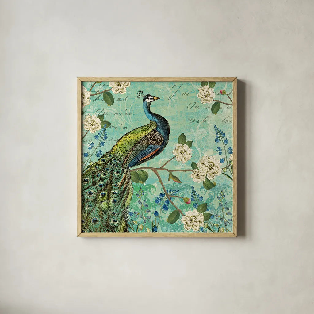 Peacock Arbor V Blue by Sue Schlabach. Shown in a natural wood glass frame for a timeless modern aesthetic. Available as an archival giclee rolled canvas, fine art paper, or poster print. SKU 16346a.