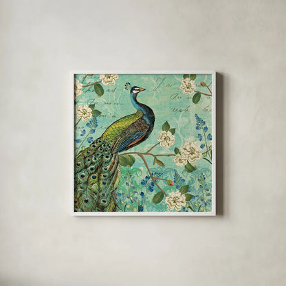 Peacock Arbor V Blue by Sue Schlabach. Shown in a crisp white glass frame for a clean and minimalist style. Available as an archival giclee rolled canvas, fine art paper, or poster print. SKU 16346a.