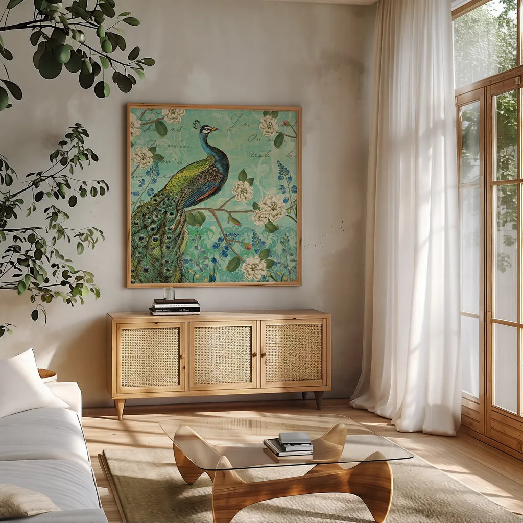 Peacock Arbor V Blue by Sue Schlabach. Shown in a natural wood frame in a cozy modern living room. Available as an archival giclee rolled canvas, fine art paper, or poster print. SKU 16346a.