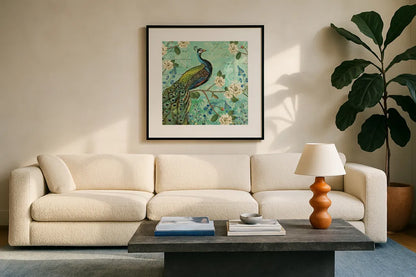 Peacock Arbor V Blue by Sue Schlabach. Displayed in a glass frame with matte in a clean modern living room. Available as an archival giclee rolled canvas, fine art paper, or poster print. SKU 16346a.