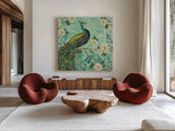 Peacock Arbor V Blue by Sue Schlabach. Shown as extra-large giant wall art in a modern living room. Available as an archival giclee rolled canvas, fine art paper, or poster print. SKU 16346a.