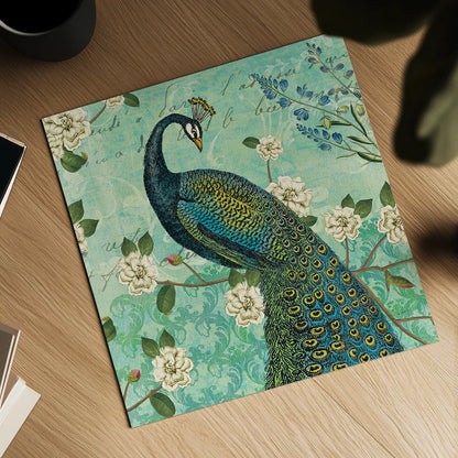 Peacock Arbor VI Blue by Sue Schlabach. Shown as a detailed flat fine art print, highlighting archival giclee quality. Available as an archival giclee rolled canvas, fine art paper, or poster print. SKU 16347a.