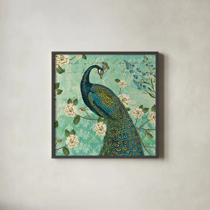 Peacock Arbor VI Blue by Sue Schlabach. Shown in a sleek black glass frame for a contemporary gallery look. Available as an archival giclee rolled canvas, fine art paper, or poster print. SKU 16347a.