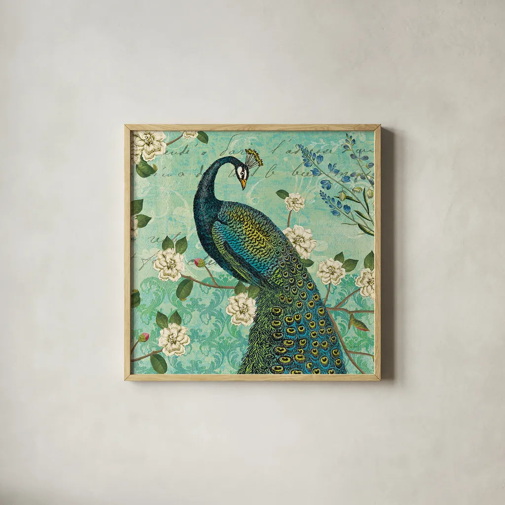 Peacock Arbor VI Blue by Sue Schlabach. Shown in a natural wood glass frame for a timeless modern aesthetic. Available as an archival giclee rolled canvas, fine art paper, or poster print. SKU 16347a.