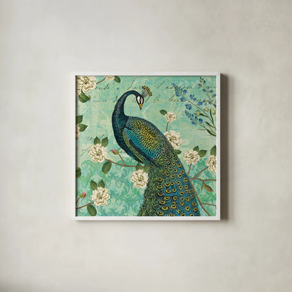 Peacock Arbor VI Blue by Sue Schlabach. Shown in a crisp white glass frame for a clean and minimalist style. Available as an archival giclee rolled canvas, fine art paper, or poster print. SKU 16347a.