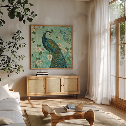 Peacock Arbor VI Blue by Sue Schlabach. Shown in a natural wood frame in a cozy modern living room. Available as an archival giclee rolled canvas, fine art paper, or poster print. SKU 16347a.