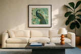 Peacock Arbor VI Blue by Sue Schlabach. Displayed in a glass frame with matte in a clean modern living room. Available as an archival giclee rolled canvas, fine art paper, or poster print. SKU 16347a.