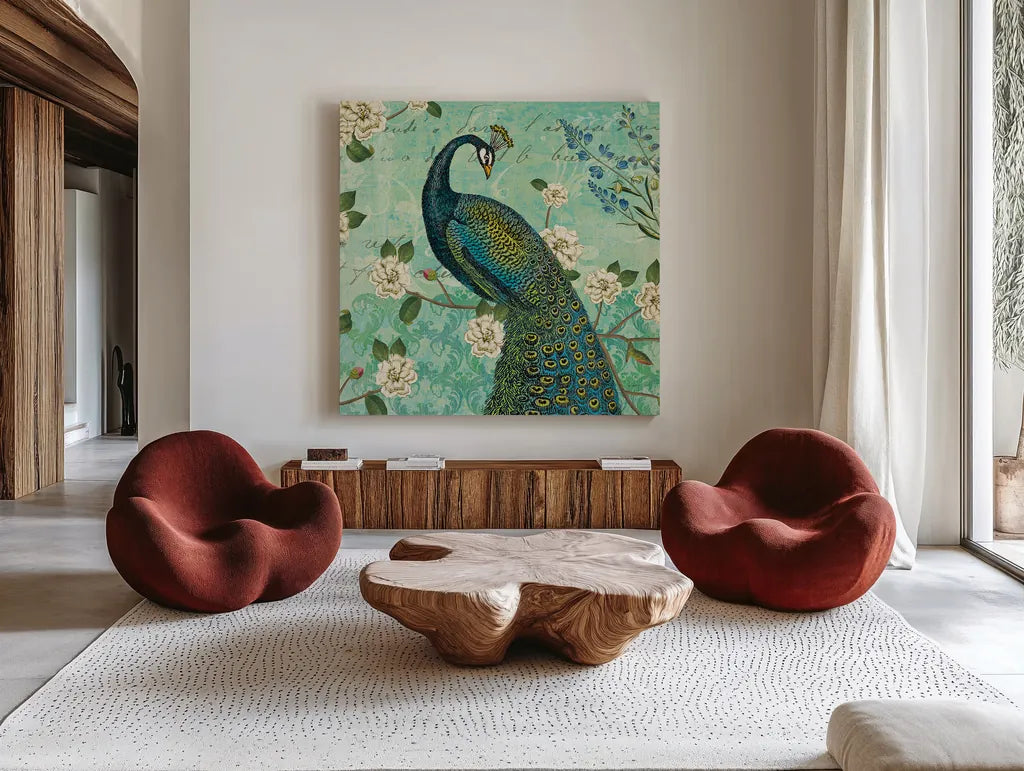 Peacock Arbor VI Blue by Sue Schlabach. Shown as extra-large giant wall art in a modern living room. Available as an archival giclee rolled canvas, fine art paper, or poster print. SKU 16347a.