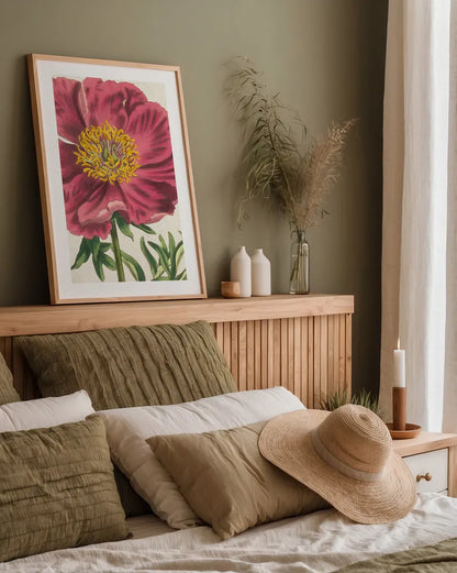 Peony Botany No Words by Sue Schlabach. shown as a paper print in a natural frame. Available as a archival giclee rolled canvas, fine art paper, or poster print. SKU 44798h.