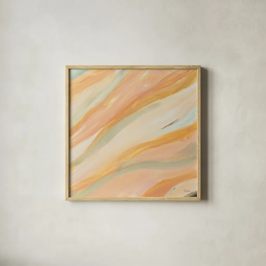 Pink Waves by Sue Schlabach. Shown in a natural wood glass frame for a timeless modern aesthetic. Available as an archival giclee rolled canvas, fine art paper, or poster print. SKU 67146a.