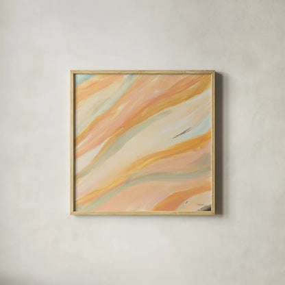 Pink Waves by Sue Schlabach. Shown in a natural wood glass frame for a timeless modern aesthetic. Available as an archival giclee rolled canvas, fine art paper, or poster print. SKU 67146a.