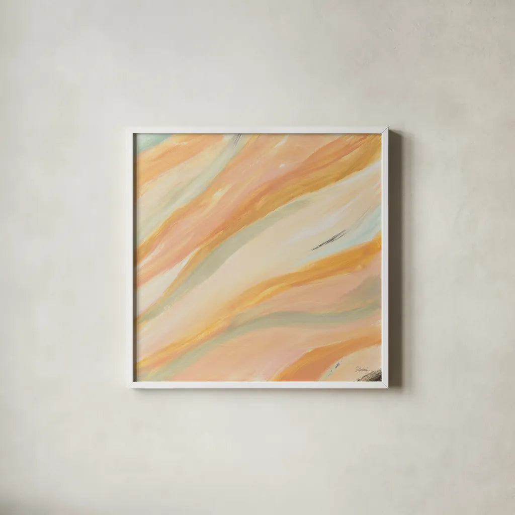 Pink Waves by Sue Schlabach. Shown in a crisp white glass frame for a clean and minimalist style. Available as an archival giclee rolled canvas, fine art paper, or poster print. SKU 67146a.